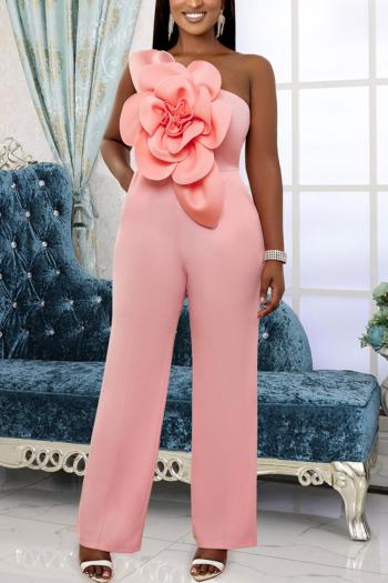 casual plus size slight stretch flower decor one shoulder zip-up jumpsuit