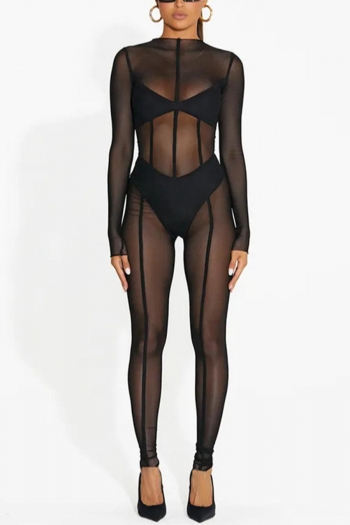 Sexy slight stretch solid color see-through mesh crew neck jumpsuit
