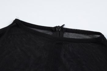 Sexy slight stretch solid color see-through mesh crew neck jumpsuit