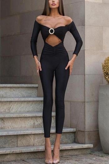sexy slight stretch solid color off shoulder rhinestone hollow jumpsuit
