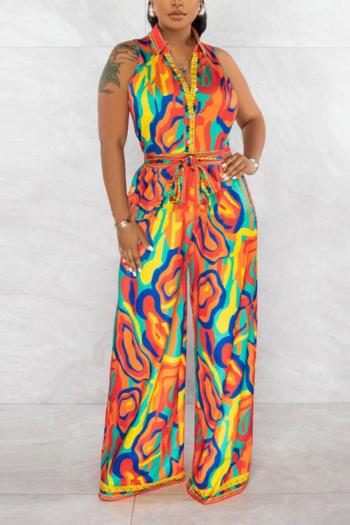 stylish plus size non-stretch batch printing belt button wide leg jumpsuit