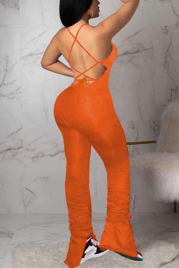 sexy slight stretch plus size solid color backless lace-up shirring jumpsuit