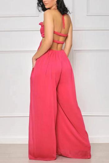 Sexy plus size non-stretch halter neck backless pockets wide leg jumpsuit