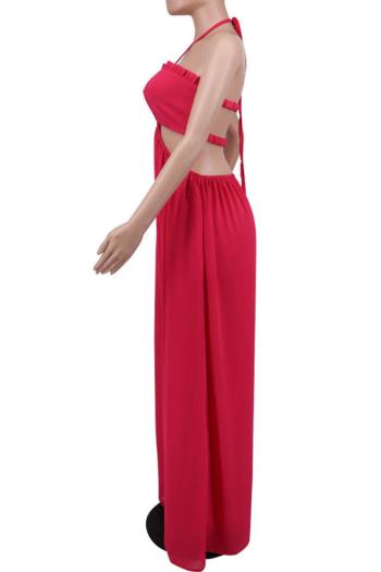 Sexy plus size non-stretch halter neck backless pockets wide leg jumpsuit