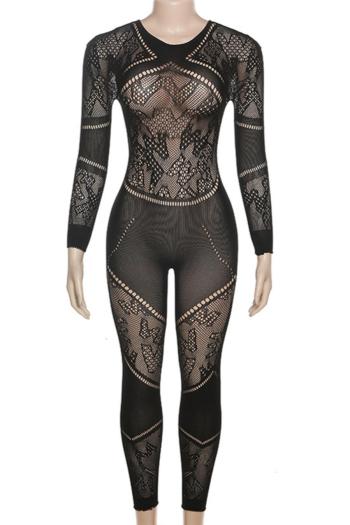 Sexy mid-stretch jacquard hollow jumpsuit