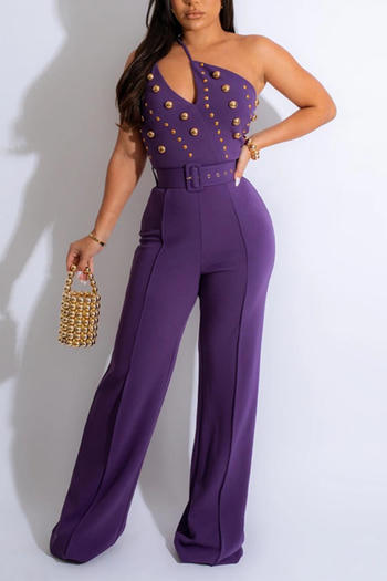 sexy plus size slight stretch solid one shoulder rivet belt wide leg jumpsuit