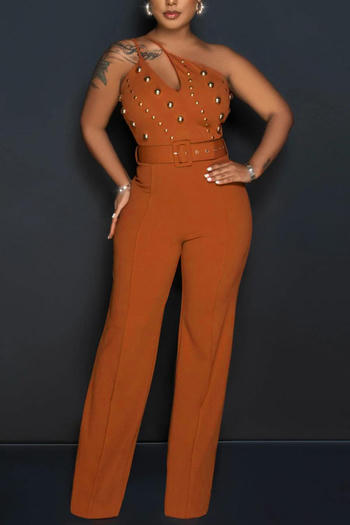 sexy plus size slight stretch one shoulder rivet zip-up belt wide leg jumpsuit