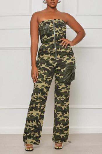 stylish plus size non-stretch camo batch printing zip-up pocket jumpsuit