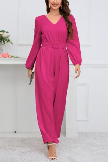 sexy plus size slight stretch solid color v-neck with belt jumpsuit