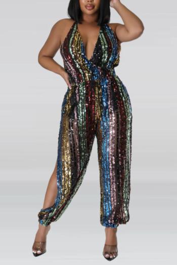 sexy plus size non-stretch sequins halter neck backless hollow jumpsuit