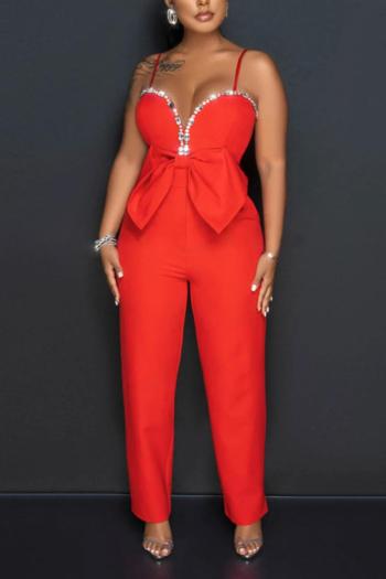 sexy plus size slight stretch solid rhinestone bow tie zip-up sling jumpsuit