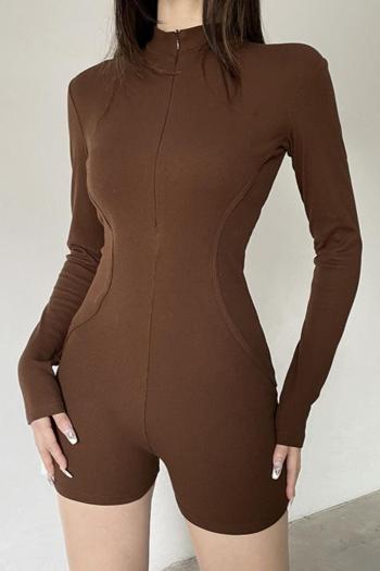 sexy stylish pure color stretch zip-up tight fitting slim ribbed knit playsuit