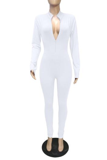 Plus size high stretch zip-up pure color slim tight casual jumpsuit