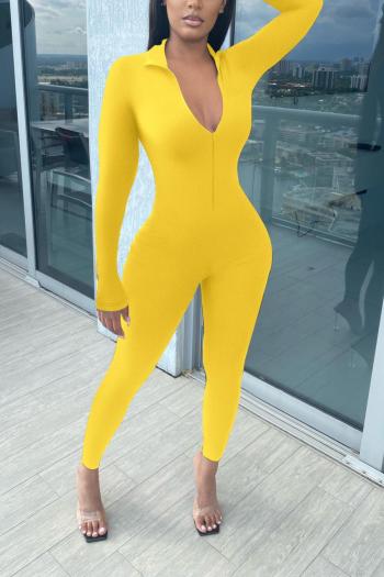Plus size high stretch zip-up pure color slim tight casual jumpsuit