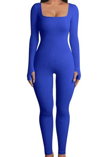 plus size pure color stylish stretch slim thumb hole ribbed knit jumpsuit