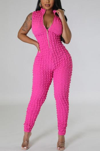 sexy plus size slight stretch solid color stand collar zip-up jumpsuit