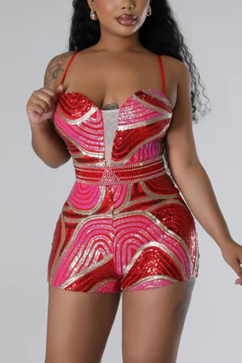 sexy plus size slight stretch sling sequins slim zip-up playsuit