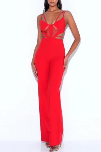 sexy slight stretch solid color sling hollow zip-up patchwork jumpsuit