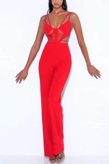 Sexy slight stretch solid color sling hollow zip-up patchwork jumpsuit