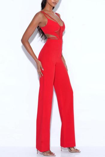 Sexy slight stretch solid color sling hollow zip-up patchwork jumpsuit