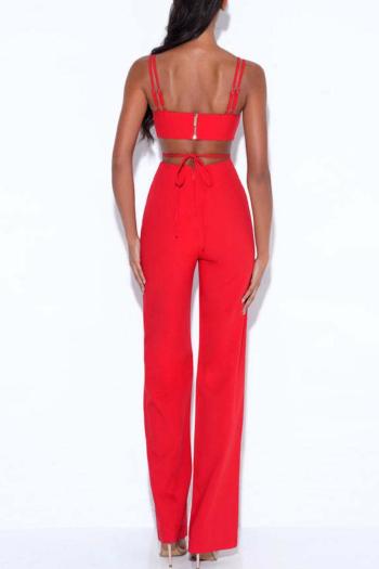 Sexy slight stretch solid color sling hollow zip-up patchwork jumpsuit