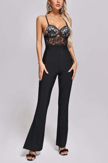 sexy slight stretch sling padded lace patchwork backless zip-up jumpsuit