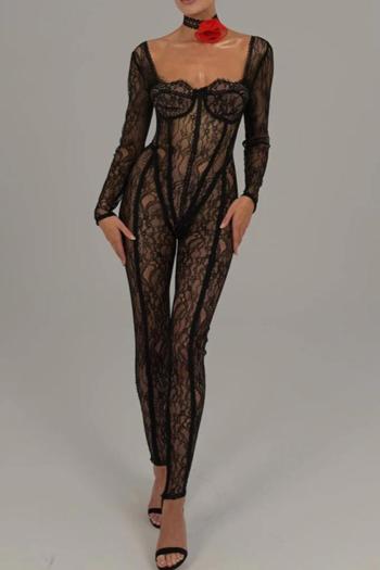 sexy slight stretch see-through lace square neck padded jumpsuit