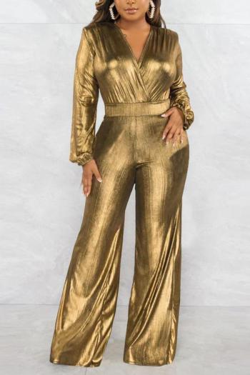 casual plus size slight stretch solid color v-neck zip-up holographic jumpsuit