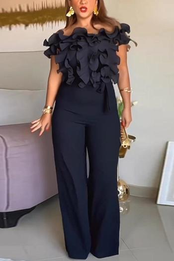 sexy plus size slight stretch solid color ruffle decor sling jumpsuit