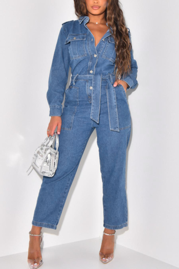 casual plus size slight stretch denim single-breasted with belt jumpsuit