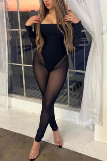 sexy slight stretch stitching see-through mesh off shoulder jumpsuit