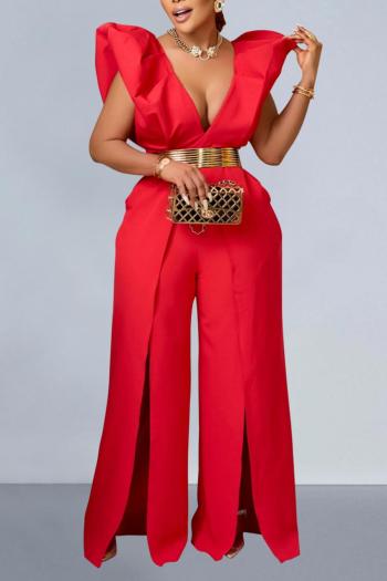 sexy plus size non-stretch solid color deep v backless slit jumpsuit