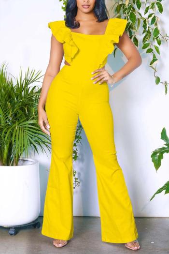 sexy plus size slight stretch solid color hollow zip-up ruffle jumpsuit