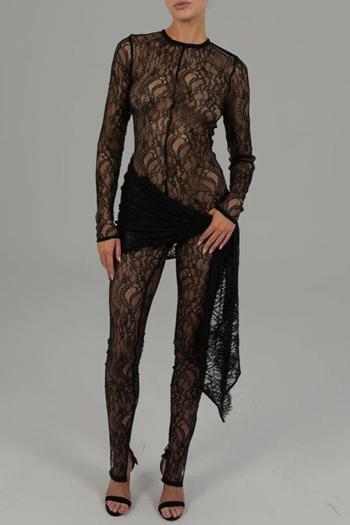 sexy slight stretch lace solid color crew neck kink jumpsuit