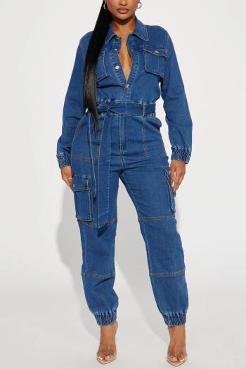 casual plus size slight stretch denim single-breasted with belt cargo jumpsuit