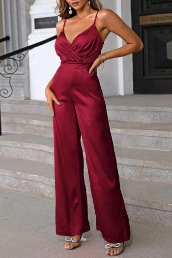 stylish non-stretch solid color sling waist wide leg jumpsuit