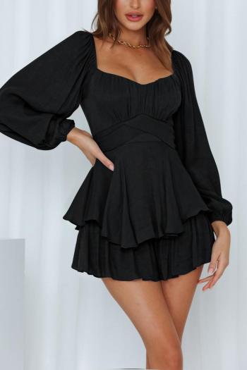 casual non-stretch solid color lantern sleeve zip-up ruffle playsuit