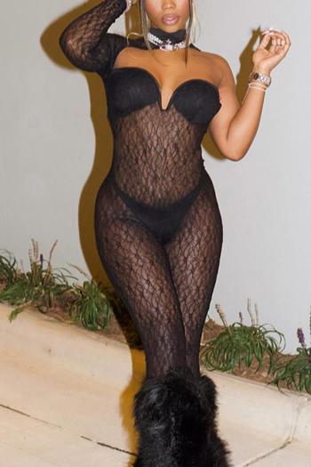 sexy slight stretch stitching see-through lace zip-up with underwire jumpsuit