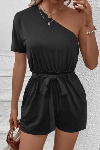 stylish slight stretch pure color one shoulder playsuit with belt