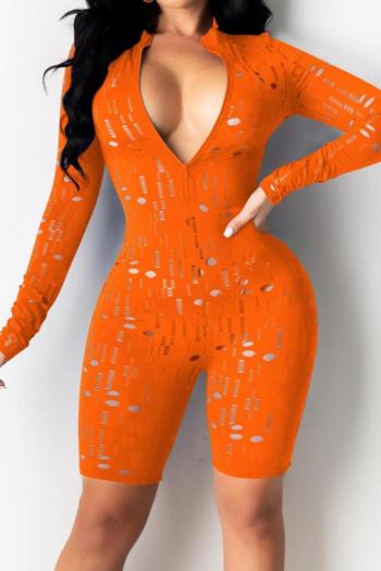 sexy plus-size high-stretch solid ripped orange jumpsuit