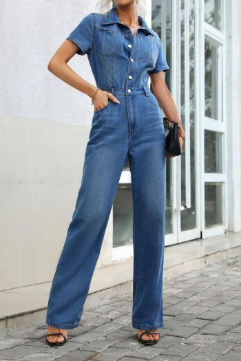 xs-l casual non-stretch denim single-breasted short sleeve jumpsuit