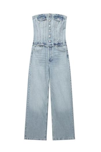 casual slight stretch solid color bandeau single-breasted denim jumpsuit