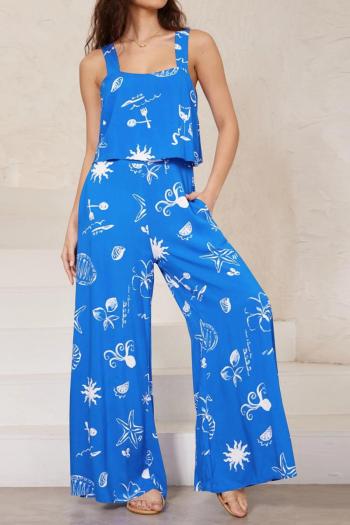 casual stylish plus-size slight stretch wide-leg suspender print jumpsuit