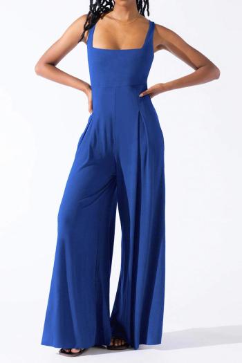 sexy stylish plus-size slight stretch solid color low-cut wide-leg jumpsuit