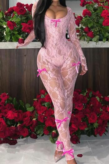 sexy slight stretch bow-knot decor see-through lace jumpsuit