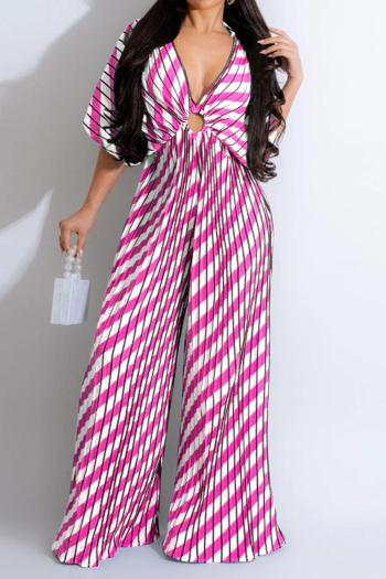 sexy plus size non-stretch striped printed pleated deep v loose jumpsuit