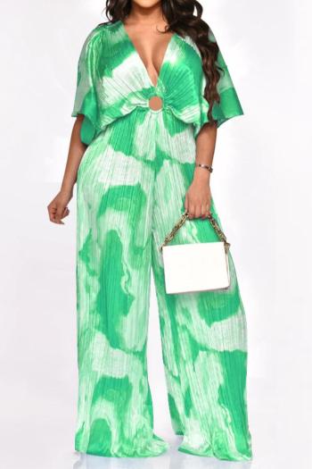 sexy plus size non-stretch tie dye print pleated deep v loose jumpsuit