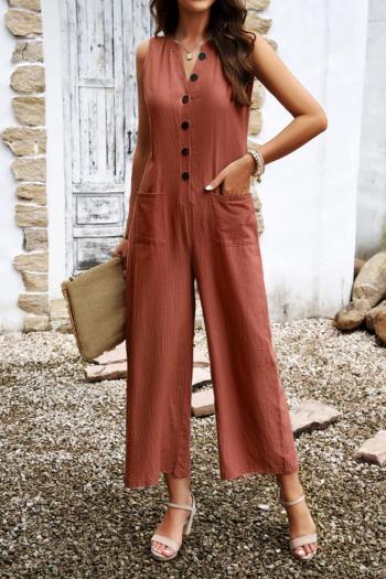 pure color stylish slight stretch casual simple single breasted jumpsuit