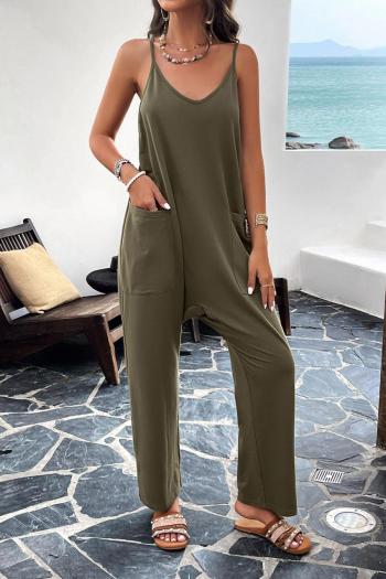 pure color slight stretch pocket loose sling casual simple jumpsuit