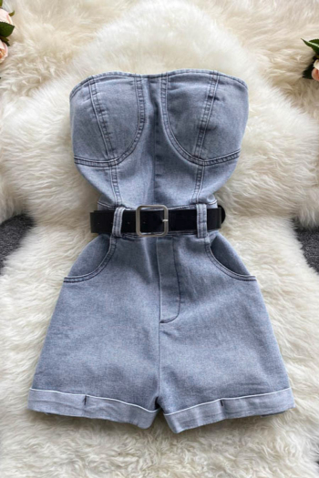sexy non-stretch solid color strapless belt zip-up slim denim playsuit